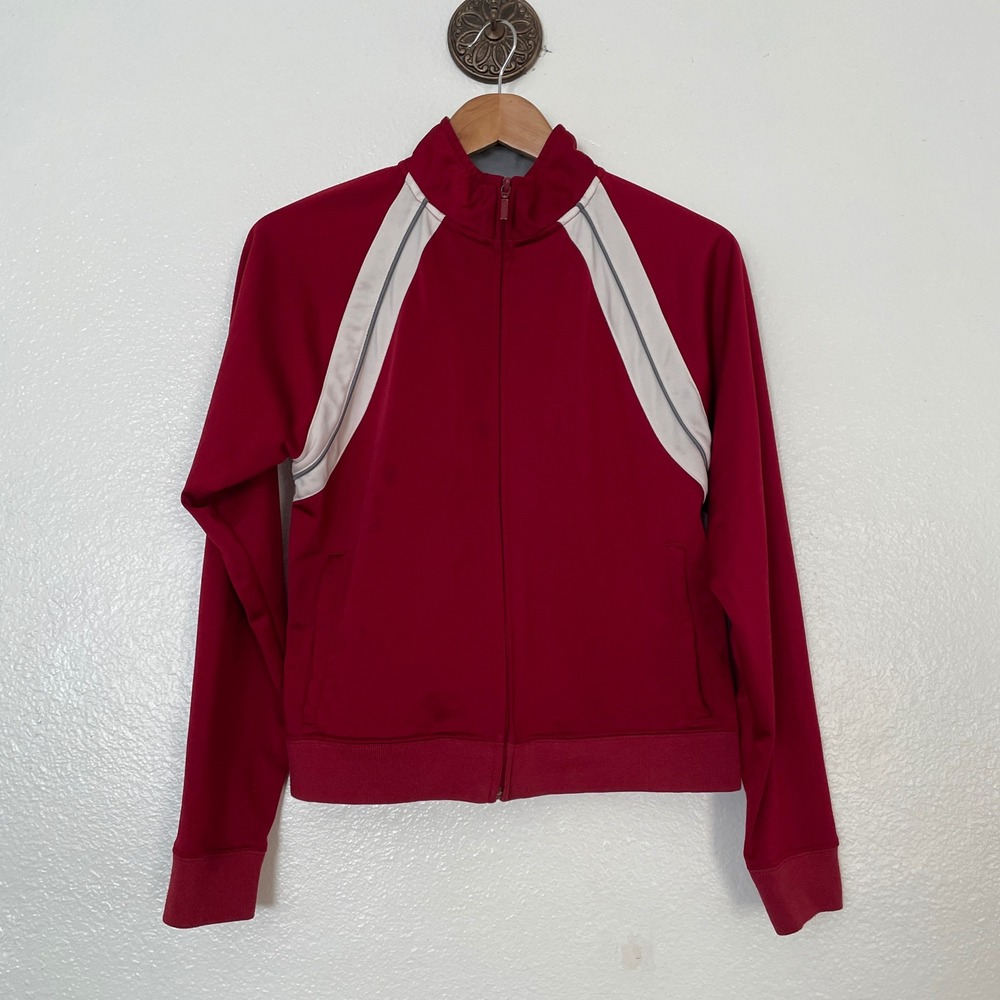 Cheetah Womens Red Full Zip Track Jacket White Stripe Athletic Mock Neck Size M